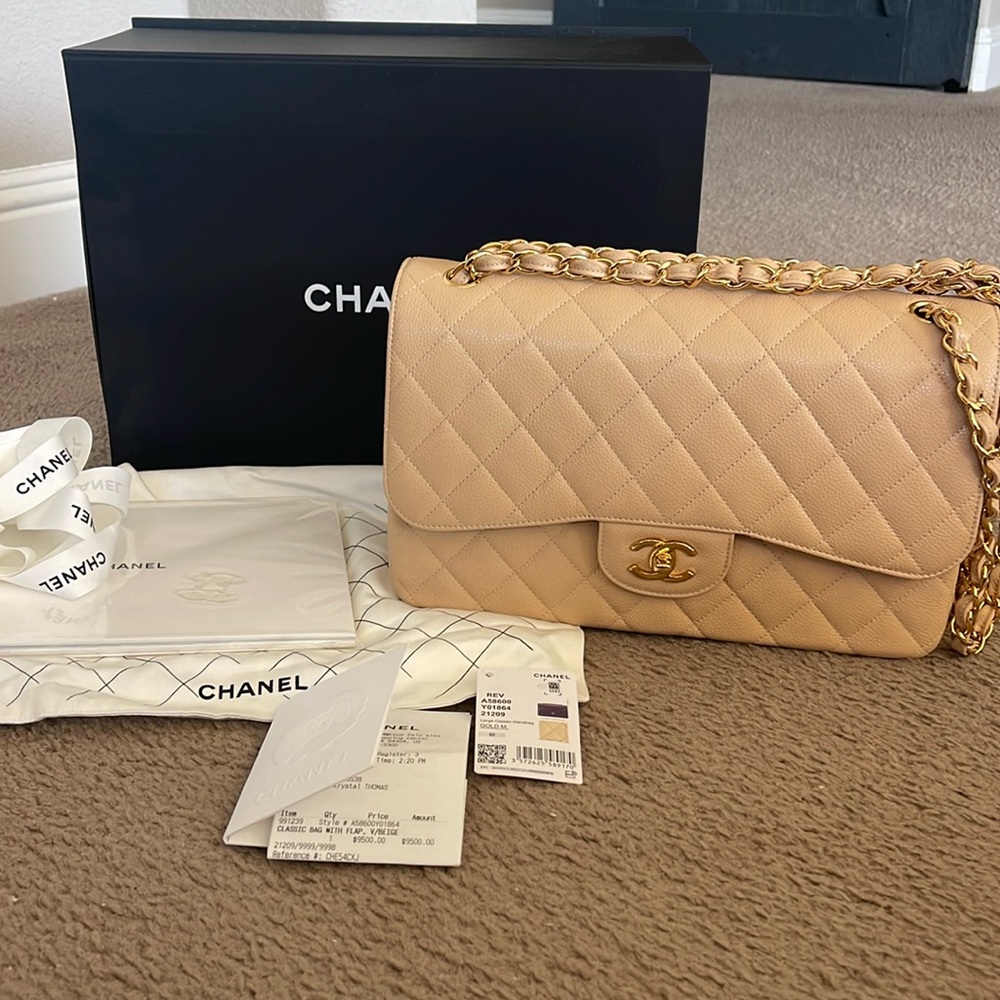 New in Box‎ Chanel Jumbo Classic Flap - Rose Clair Caviar with Gold Hardware